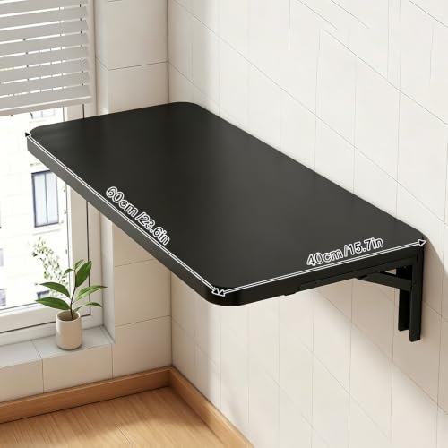 Wall Mounted Folding Table, 24 in Fold Down Floating Desk for Small Space - color: Black, size: 24 in
