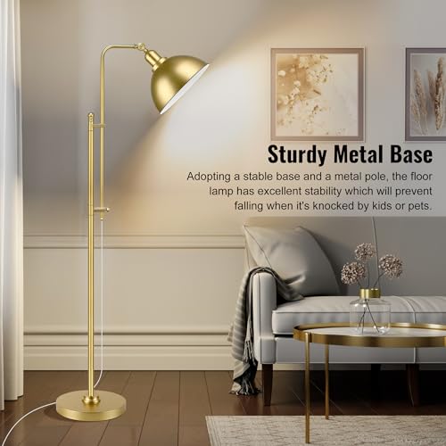 PARTPHONER Industrial Floor Lamp Adjustable, Rustic Farmhouse Reading Lamp in Aged Gold Finish, Modern Standing Lamp with Remote Control Metal Shade for Living Room Bedroom Study Room Office Hotel - color: Gold