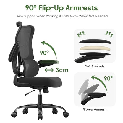 Office Chair Ergonomic Desk Chair - Comfy Mesh High Back Office Chair with Lumbar Support Wheel Home Desk Office Chairs Flip up Armrest Executive Rolling Swivel Task Computer Chair Black Silver