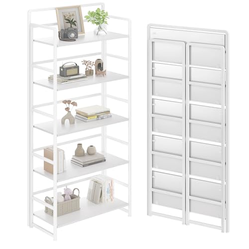 Folding Bookshelf 5 Tiers,No Assembly,Vintage Wood Bookcase Storage,White | Vintage Wood Collapsible Portable Bookcase,Foldable Storage Rack,Organizer for Living Room, Bedroom, Home Office - color: White, size: 5-tier
