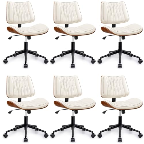 Ergonomic Armless Office Desk Chair - Mid-Century Modern White Faux Leather with Diamond Stitch, Adjustable Height Swivel Rolling Task Computer Chair with Walnut Accent for Home Office, Study & Work - color: Cream White, size: 6 Pack