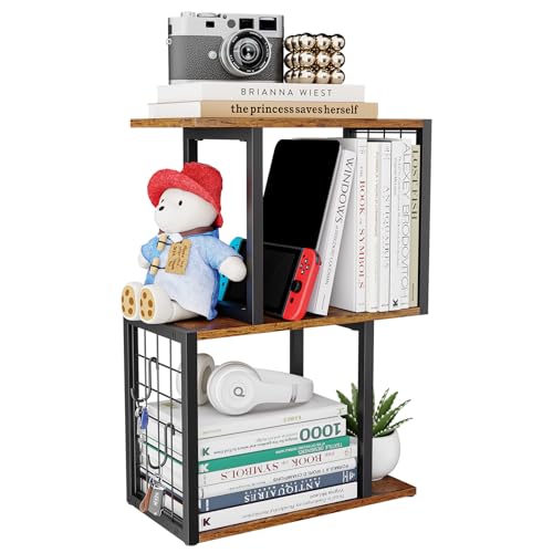 Desktop Bookshelf,3-Tier Desk Organizer Shelf with Hooks Desk Organization Deals for Office Storage Rustic Brown - color: Rustic Brown