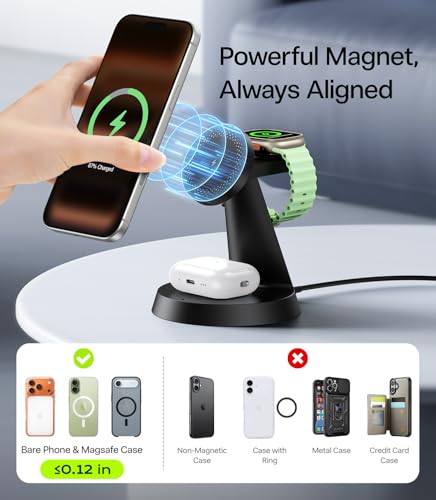 3 in 1 Magnetic Charging Station for iPhone 17-12 Series, iWatch &AirPods | 15W Wireless Charger Compatible with MagSafe, for Multiple Apple Devices, QC Adapter Included, Built-in Heat Dissipation - size: 15W Max for Phone
