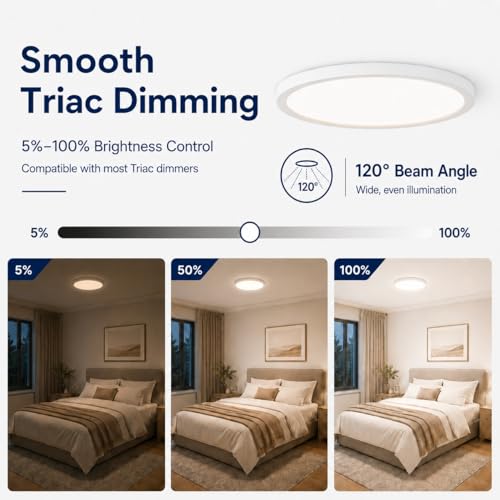 KSANA 12 Inch LED Flush Mount Ceiling Light, 5 CCT Selectable Ultra-Slim Round Flat Panel Light, Triac Dimmable 5%-100%, 24W 2160LM Ceiling Light Fixture for Kitchen, Bedroom, Hallway, Office - size: 12 Inch