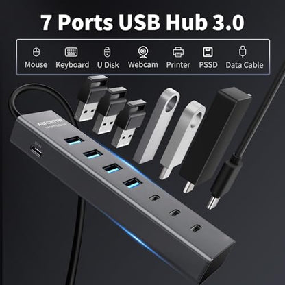4Ft 7-Port USB Hub 3.0 for Desktop, 4 USB-A & 3 USB-C Ports Aluminium 5Gbps USB Extender Hub, USB Splitter, USB Hub Long Cable for Desktop, PC, Flash Drive, Mobile HDD SSD, Windows/XPS - size: 4FT