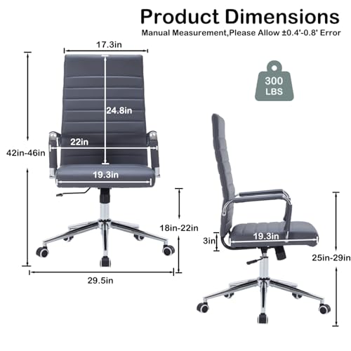 Grey Leather Ribbed Office High-Back Desk Conference Chairs with Wheels | Ergonomic High-Back Executive Chairs with Wheels Adjustable Swivel Computer Task Desk Chair with Arms and Thick Padded Seat - color: Grey, size: High Back
