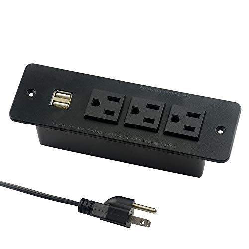 Conference Recessed Power Strip with USB 3 Outlets 1875W/12amp 2 USB Ports 2.1amp 10ft Power Cord Black - color: Black, size: USB-A