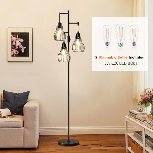 Ziisee Dimmable Floor Lamp, 3 x 800LM LED Edison Bulbs Included, Farmhouse Industrial Floor Lamp Standing Tree Lamp with Elegant Cage Tall Lamps for Living Room Bedroom Office - Black - color: A-Matte Black