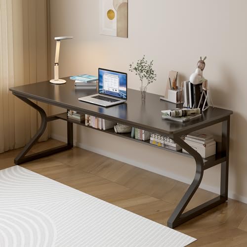 63-Inch Extra Long Desk with Storage Shelf, Black | Double Long Writing Table, Space-saving, 2-Person Workstation, Modern Study Work Computer Desk, For Home Office - color: Black, size: 63x23.6 inch