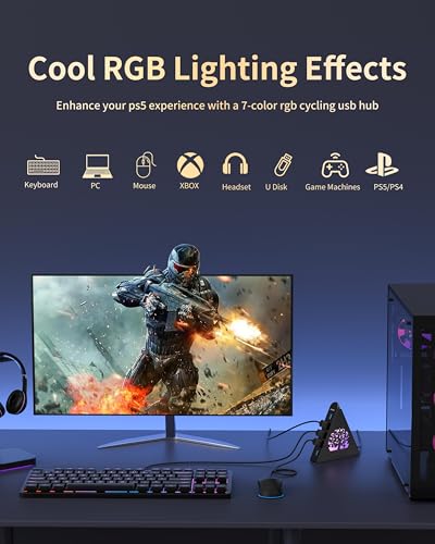 7-Port USB 3.0 Hub, Vertical USB Hub Splitter with RGB Lighting, 5Gbps High-Speed Data Transfer and 2FT Extension Cable, Compatible with Laptop, PC, Desktop, MacBook, PS5, Xbox, Flash Drive - color: 2-Tree Black