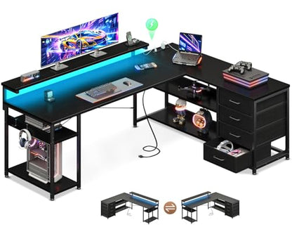 AODK 61 Inch L Shaped Computer Desk with 4 Drawers, LED Lights, Black - color: Black, size: 61 inches