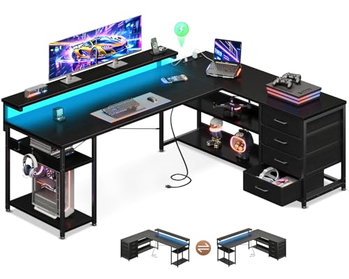 AODK 61 Inch L Shaped Computer Desk with 4 Drawers, LED Lights, Black - color: Black, size: 61 inches