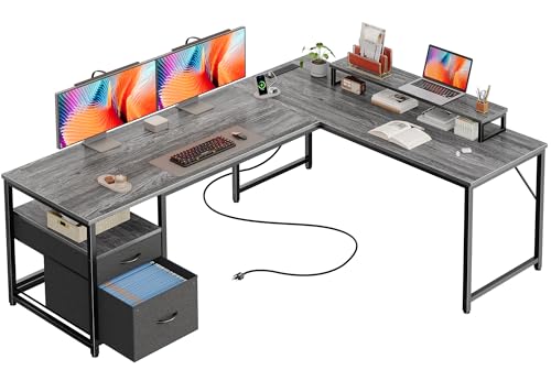 63 Inch L Shaped Desk with Power Outlets and USB-C Port, Computer Corner Home Office Desk with File Fabric Drawers and Movable Monitor Stand, Larger Storage, Gaming, Writing, Work, Grey - color: Grey, size: 63 inch