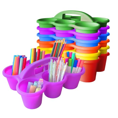 6 Pack Classroom Caddy Organizer with Handle Multicolor Plastic Table Caddy 6 Compartments Storage Cup Holder for School Supplies Art Crafts Crayons Pencils Stackable Desk Caddy for Office - color: Multicolor