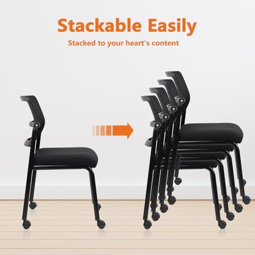 CLATINA Stacking Armless Office Guest Chair with Wheels,Stackable Mesh Waiting Room Reception Desk Chairs with Adjustable Backrest for Conference Lobby Side School, Black, 12PK - size: 12 Pack