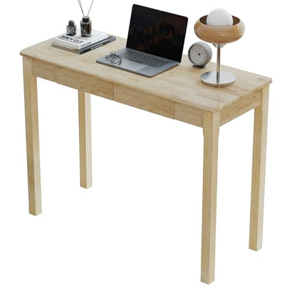 Solid Wood Desk with Drawers - 39 x 16 Inch Simple Narrow Desks, Rubber Wood Study Table, Small Writing Desk for Small Spaces|Bedroom - Natural Boho Desks - color: Natural, size: 39.4 in W x 15.7 in D