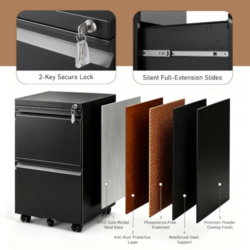 Approgreent 2 Drawer Metal File Cabinet, Fully Assembled Locking Filing Cabinet with Anti-Tipping Wheels, Quiet Slide, Heavy-Duty Steel Construction, Fits A4 Letter Legal for Home Office, Matte Black - color: 04-b Black