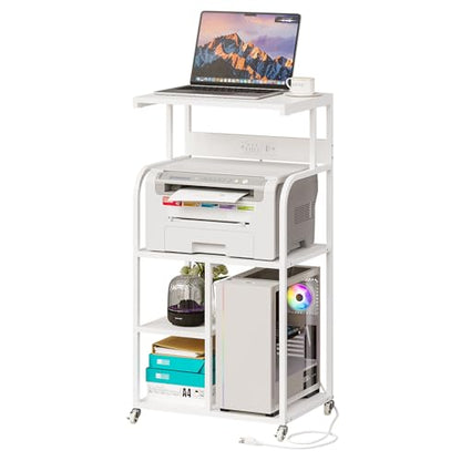 VEDECASA Mobile High Printer Stand with Power Outlet Charging Plugs USB Port Office Storage Shelf Includes Computer Tower CPU Stand Holder with Wheel (White)