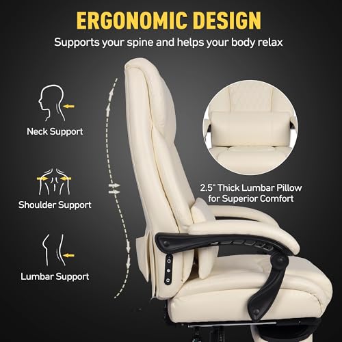 3D Kneading Massage Office Chair with Heat, 500 lbs Big and Tall Executive Computer Desk Recliner, Leather Electric Heated Office Chairs with Massage & Footrest - color: Beige