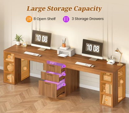 SEDETA Fluted 96.5" 2 Person Computer Desk with Storage Drawers - color: Fluted Brown
