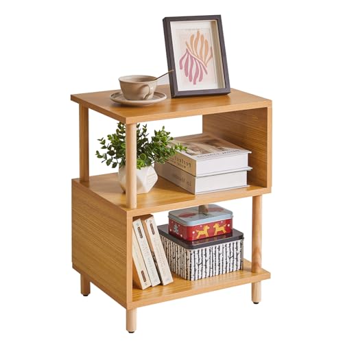 Aibiju Wooden Night Stand with Open Shelf, Nightstand with Solid Wood Legs, S-Shaped Bed Side Table 3 Tier, End Table Natural Wood YD-TM152N - color: Natural Wood