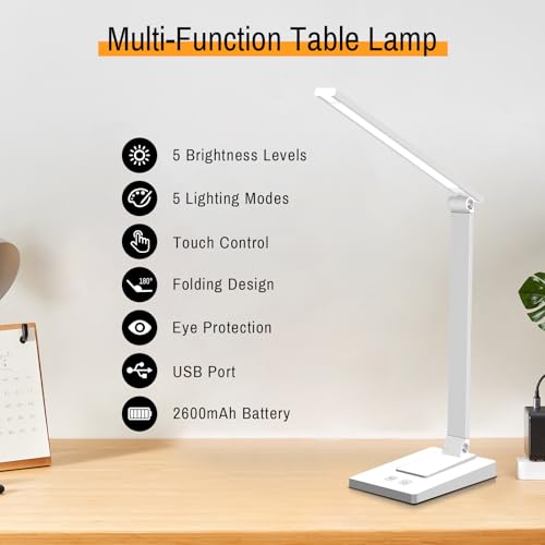 Rechargeable LED Desk Lamp, 5 Color Modes with 5 Brightness - color: White