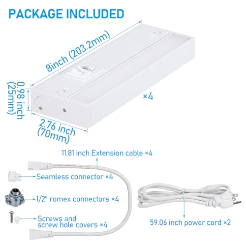 TORCHSTAR 4-Pack 8 Inch 5CCT LED Under Cabinet Lighting Aluminum, White - color: White, size: 8 Inch
