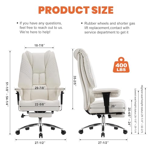 EXCEBET Big and Tall Executive Office Chair 400lbs Wide Seat, PU White | Wide seat, Retractable footrest, 135° recline, Lumbar support, PU leather, Ergonomic high back for lower back pain relief - color: White