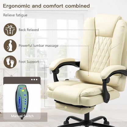 ECOTOUGE Ergonomic Comfy Desk Chair, High Back Computer Chair, Beige | 6-Point Heated Massage Office Chair with Footrest, Executive High Back PU Leather Computer Chair with Armrest & Reclining - color: Beige