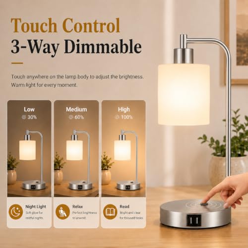 Set of 2 Industrial Touch Control Table Lamps with 2 USB Ports and AC Outlet - 3-Way Dimmable Nickel Bedside Lamp Nightstand Desk Lamps for Bedroom Living Room, Opal Glass Shade & 2 LED Bulbs Included - color: Nickel(2 pack)-Opal Glass-Touch Control