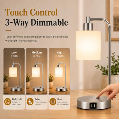 Set of 2 Industrial Touch Control Table Lamps with 2 USB Ports and AC Outlet - 3-Way Dimmable Nickel Bedside Lamp Nightstand Desk Lamps for Bedroom Living Room, Opal Glass Shade & 2 LED Bulbs Included - color: Nickel(2 pack)-Opal Glass-Touch Control