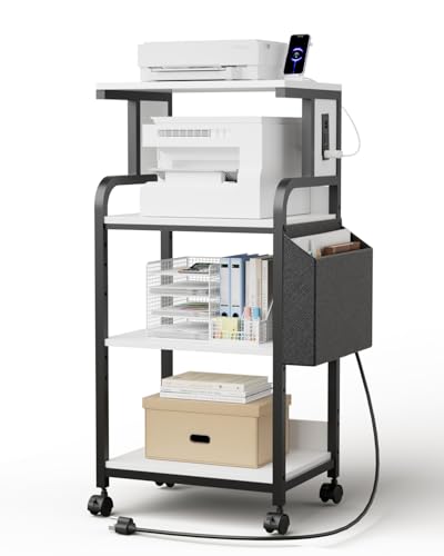 Tall Printer Stand with Charging Station, 4-Tier Mobile Cart, White - color: White&Black, size: 20.9''x15.7''