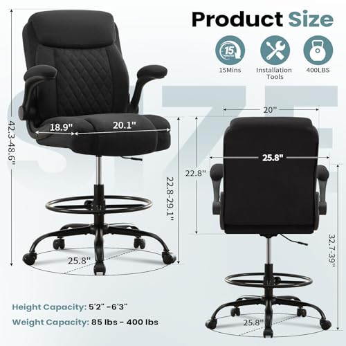 MAHOMICO Drafting Chair for Standing Desk – Tall Office Chair with Adjustable Height & Foot Ring, Flip-Up Arms, Lumbar Support – Comfortable Fabric Seat, Ideal Home Desk Chair - color: Black