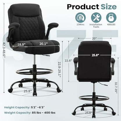 MAHOMICO Drafting Chair for Standing Desk – Tall Office Chair with Adjustable Height & Foot Ring, Flip-Up Arms, Lumbar Support – Comfortable Fabric Seat, Ideal Home Desk Chair - color: Black