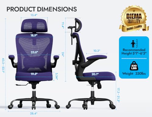 Ergonomic Office Chair: Mesh Desk Chair Comfy with Headrest& Lumbar Support | Ergalithic Big and Tall Office Chairs with Wheels & Flip-Up Arms-Computer Gaming Chairs for Adults Home Office(Purple) - color: Purple, size: Pack of 1