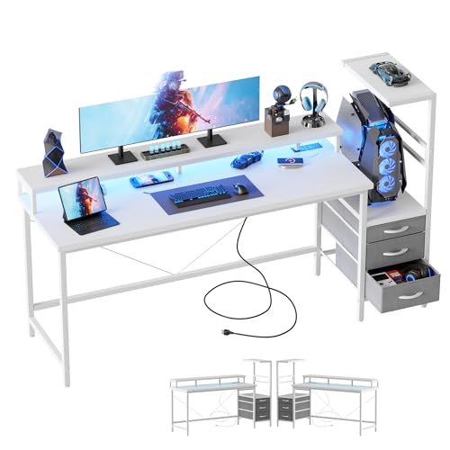 Mericonia 60 inch Gaming Desk with Drawers, Reversible Computer Desk, White - color: White, size: 60"