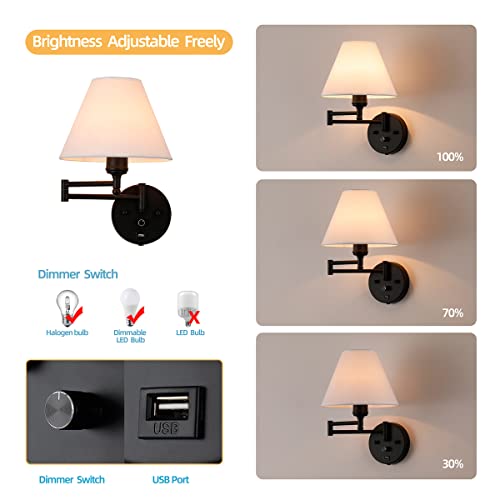 Swing Arm Wall Sconces, Plug-in Wall lamp,Bedroom Wall lamp ， White Fabric Shade，，with dimmable Switch and USB Charging Port, Suitable for Bedside, Living Room, Reading (Black) - color: Black