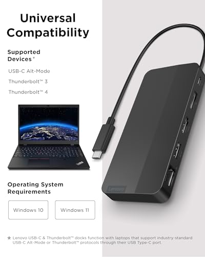 Lenovo USB-C Dual Display Travel Dock w/ 100W Power Adapter - 7 Ports, Integrated USB-C Cable, Universal Compatibility, Dual Displays at 4K - Black - style: USB Dock + Adapter