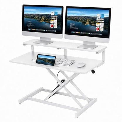 37" Height Adjustable Standing Desk Converter, 4.9" to18.5 Height Adjustable Sit Stand Up Desk Riser with Secondary Desks, Desktop Workstation Riser for Home Office Computer Laptop, White - color: White