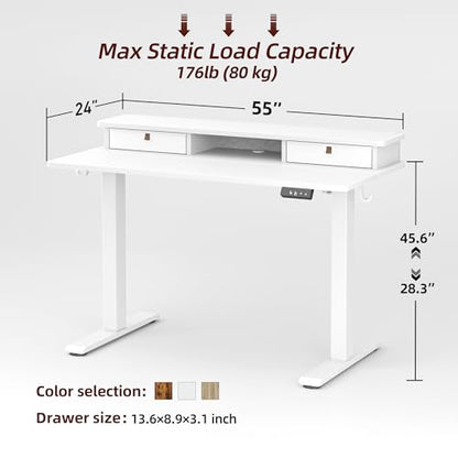 TIQLAB Standing Desk with Two Drawers, Stand Up Standing Desk Adjustable Height, Electric Sit Stand Table with Storage Shelf and Splice Board, 55 * 24 inch, White - color: White, size: 55*24 inch without keyboard tray