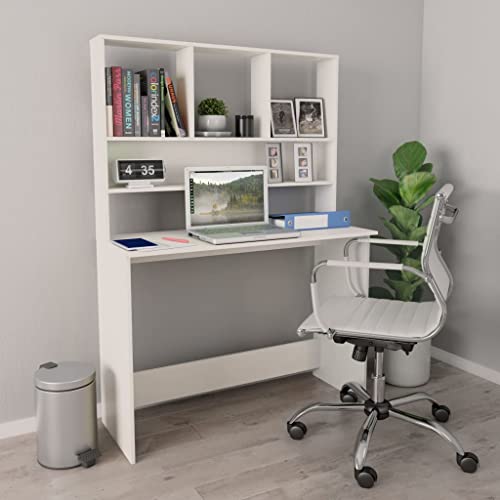 Desk with Shelves White 43.3x17.7x61.8 Inches Engineered Wood Small Space Desk for Office and Dorm - color: White