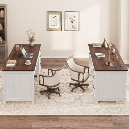 GarveeHome Executive Desk with Drawers, Farmhouse Home Office Desk with Charging Station, 53.54 in Wooden Computer Desk with File Cabinet Storage for Work Study Writing,White Walunt - color: White Walunt