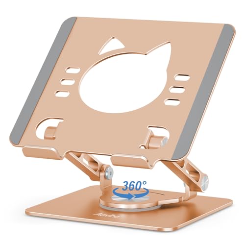 Aoviho Tablet Stand 360° Rotating Aluminum Holder, Adjustable, Portable and Foldable Monitors Stand for iPads, Compatible with 4-12.9" Tablets, Golden - color: Golden