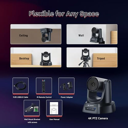 TONGVEO 4K Conference Room PTZ Camera AI Auto Tracking 3X Optical Zoom HDMI/USB3.0 Wide-Angle Video Conference Camera for Church Worship Live Streaming Meeting with Zoom YouTube OBS and More - color: Black