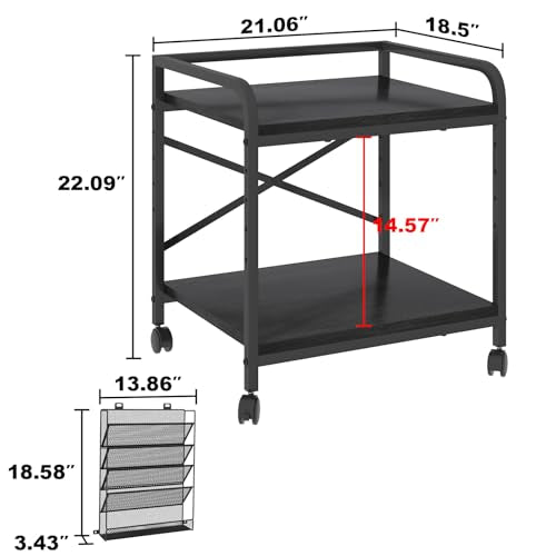 Large Printer Stand with File Holder & Rolling Wheels, Black - color: Black, size: Large
