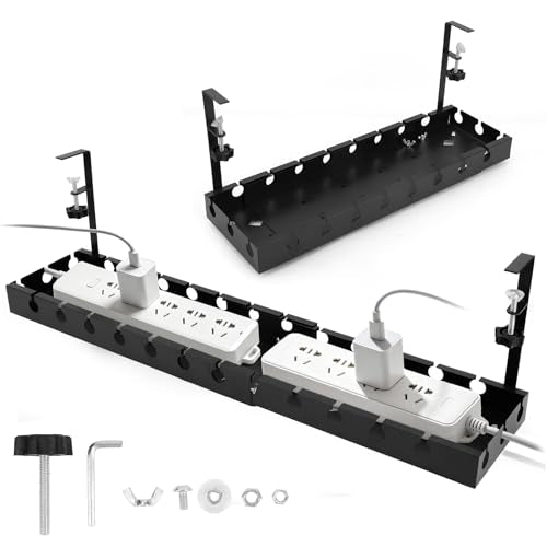 Cable Management Tray Under Desk, 43-74cm/16.9-29.13in Carbon Steel No Drill Wire Cord Organizer with Clamp & Screws Mount Retractable Cable Tray for Office Home PC Wire Management Rack (Gun Gray)