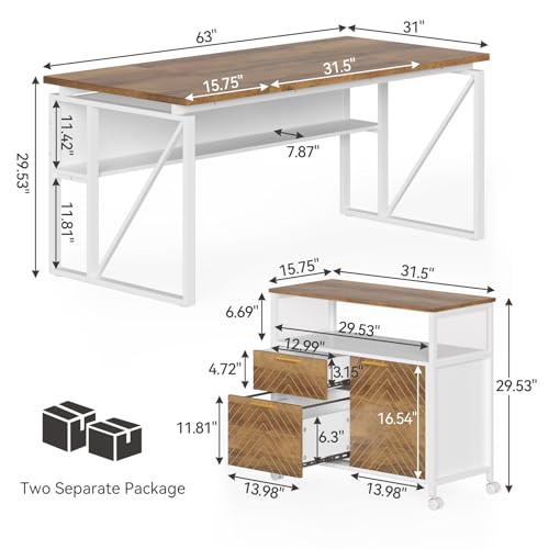 LITTLE TREE 63-Inch Office Desk with 31.5-Inch Lateral File Cabinet, Study Writing Desk Computer Desk for Home Office - color: Rustic