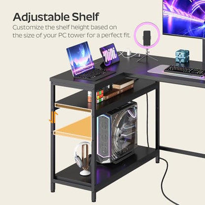 YATINEY L Shaped Computer Desk with Adjustable Monitor Stand, Gaming Desk with Power Outlets, Office Desk with Fabric Drawer, File Drawer and Hook, for Living Room, Home Office, Black DN03UBB