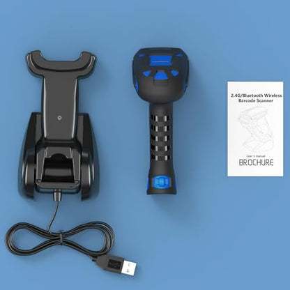Upgraded 2D Industrial Barcode Scanner with Wireless Charging Stand, 1968 Feet Transmission Distance 433Mhz Wireless & Bluetooth 2in1 Barcode Reader, Shock Dust Proof Hands Free, Blue - color: Blue-2D