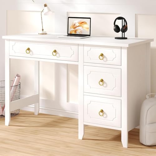 MaverickFurni 45" White Desk with Drawers, Small Desk with Golden Handle | Home Office Desk with Storage for Bedroom, Make Up Vanity Desk with Gold Accents for Girls, White